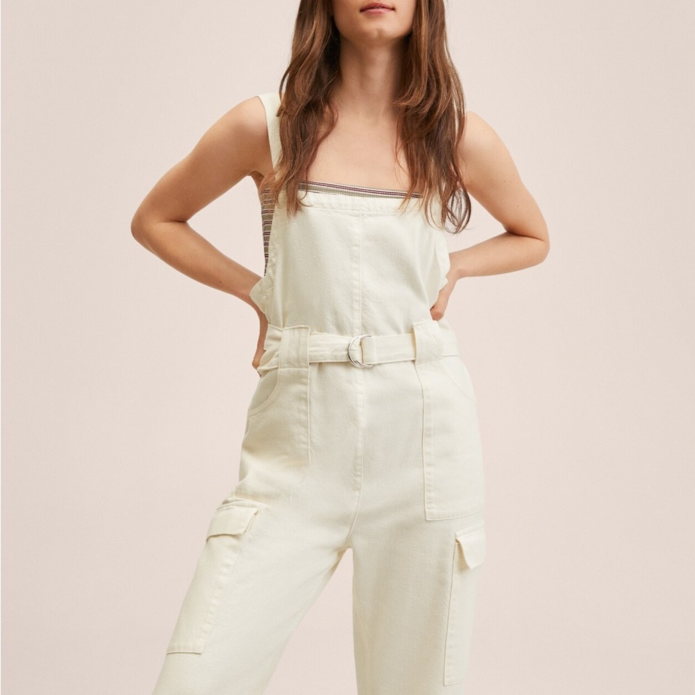 Mango Straight Denim Dungarees in Ivory Small NWT - Picture 2 of 11